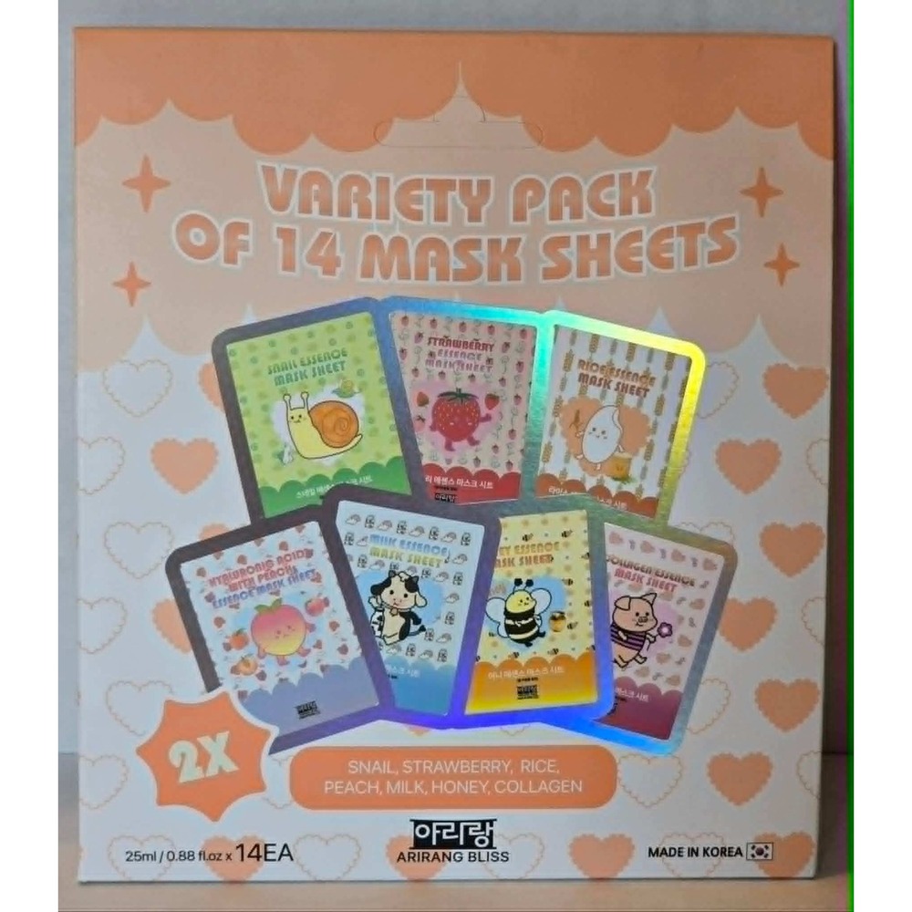 Arirang Bliss K-Beauty Variety Pack of 14 Mask Sheets Snail Collagen Honey 25ml